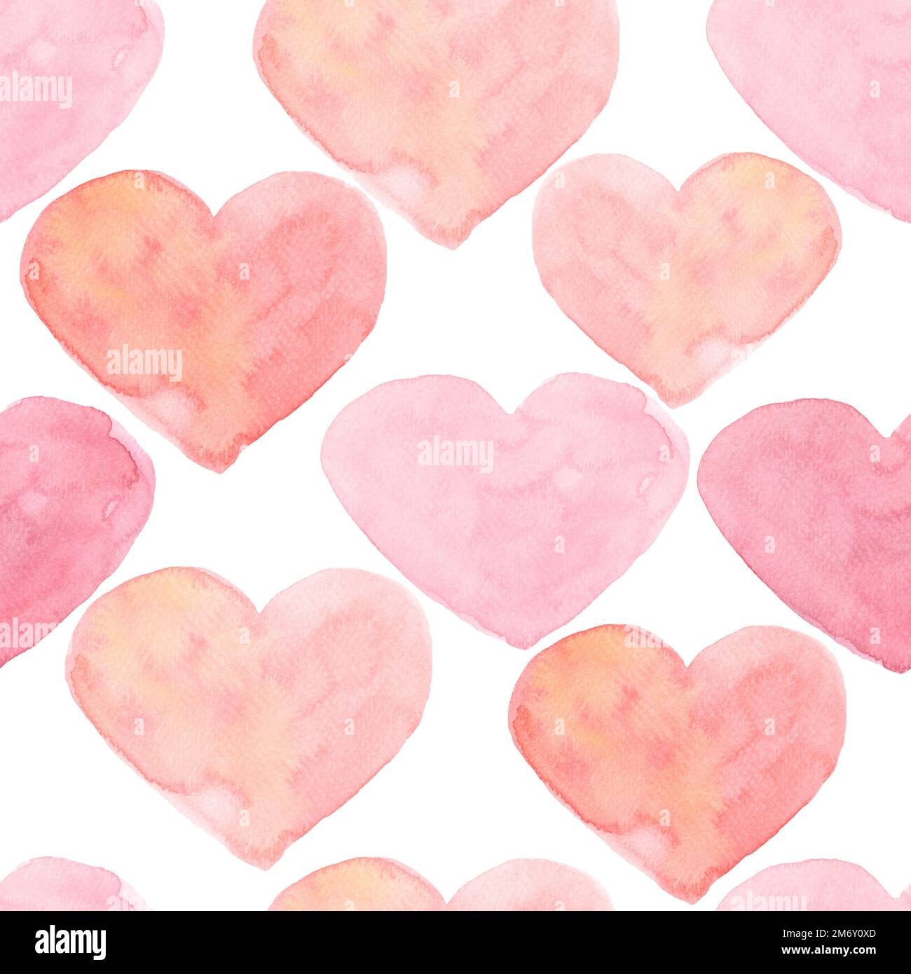 Aquarell Herzen nahtloser Hintergrund. Rosafarbenes Herzmuster. Farbenfrohe, wasserfarbene, romantische Textur in zarten pinkfarbenen Farben. Stockfoto
