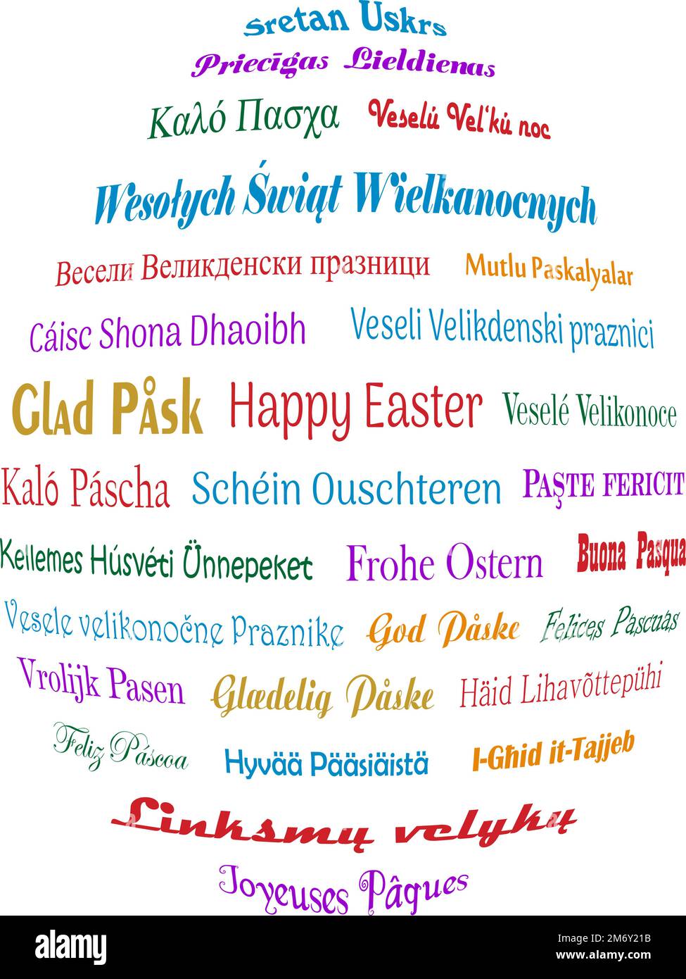 Frohe Ostern. Farbige Begrüßungen in verschiedenen europäischen Sprachen. Weißer Rücken. Ostereierform Grüße in allen Reden der Europäischen Union als Vektor. Stock Vektor