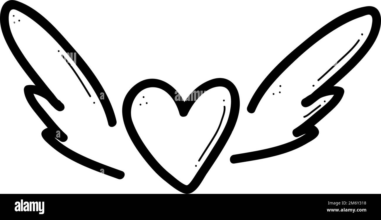 Herz mit Flügeln, Vektor, handgezeichnet. Liebesherz-Doodle zum Valentinstag Stock Vektor