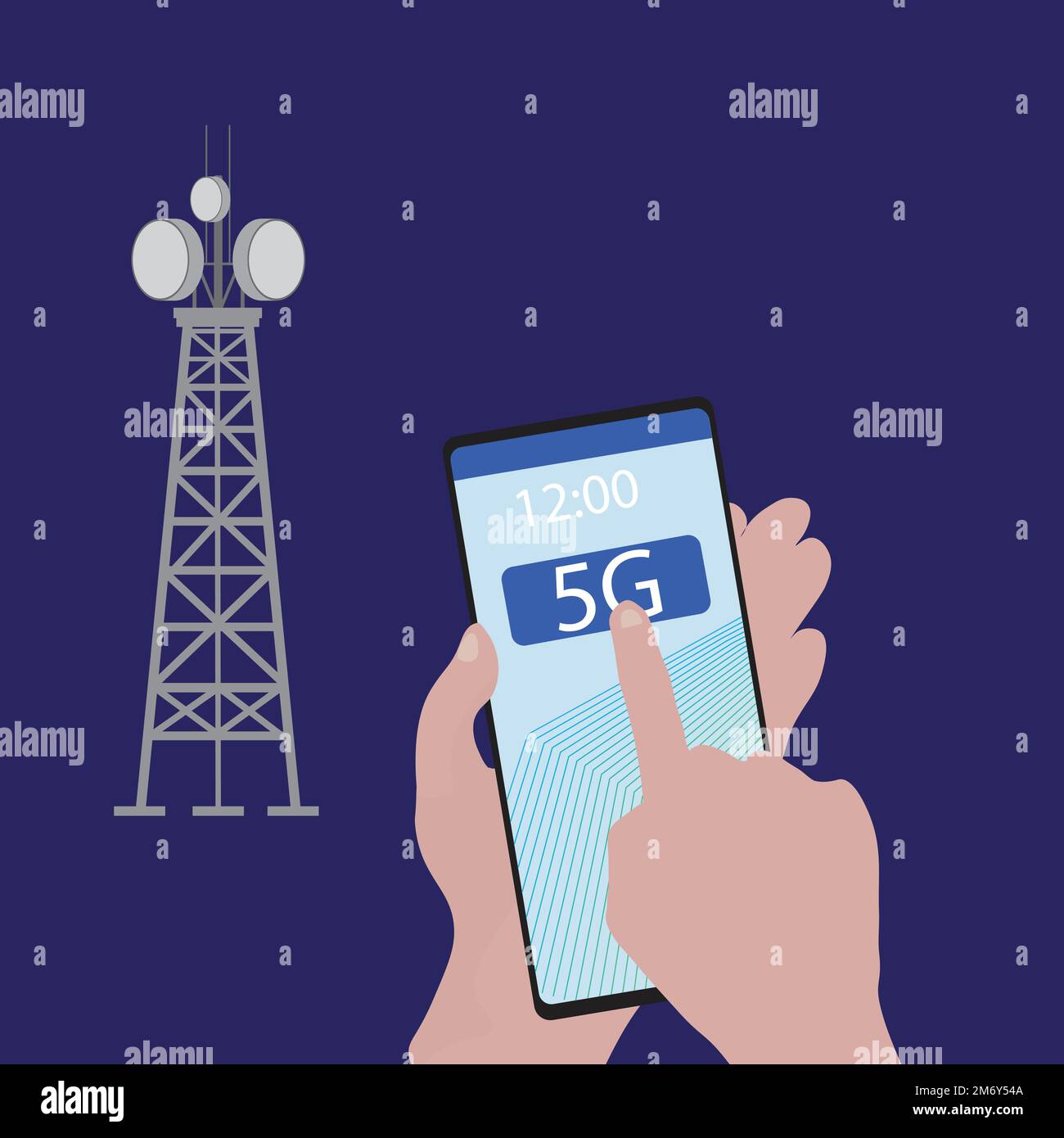 Abbildung der 5G-Technologie mit Tower und Smartphone in der Hand Stock Vektor
