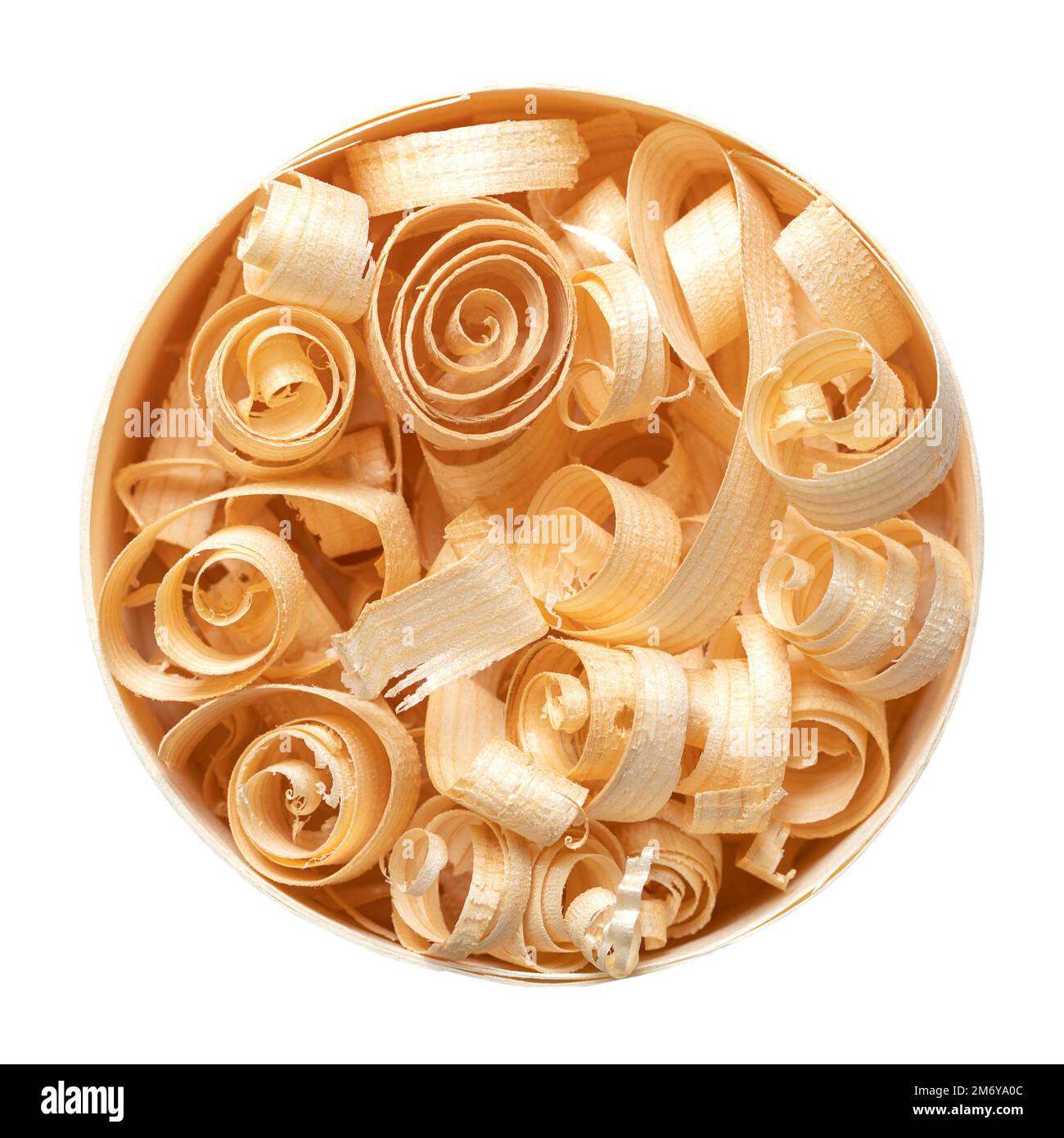 Spiralförmige Holzspäne in einem runden Spanholzkasten. Holzspiralen, hergestellt mit einem Handhobel aus getrocknetem Fichtenholz, in einem kreisförmigen Holzspäne-Kasten. Stockfoto