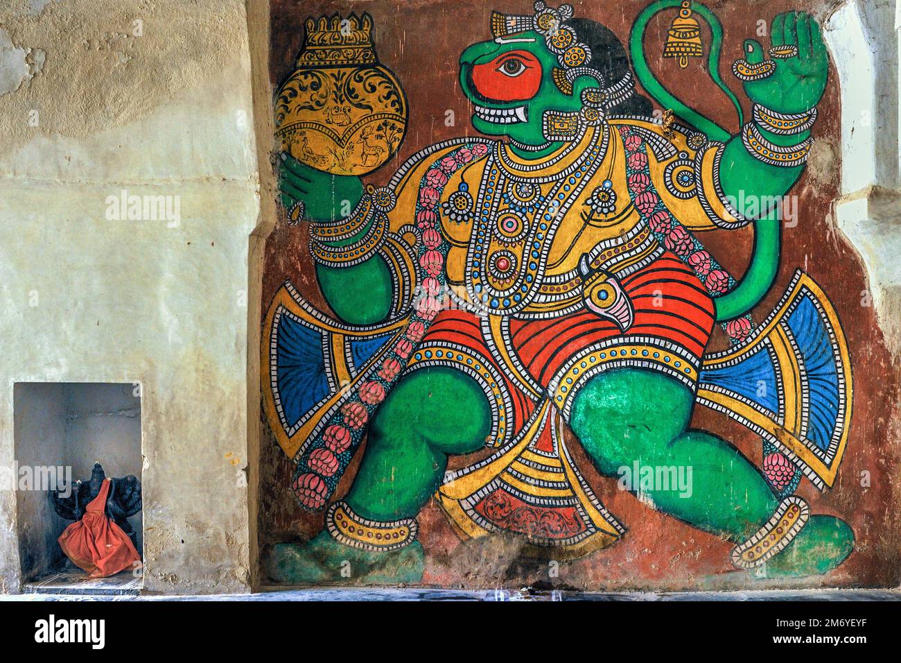 08 22 2009 Wandgemälde von Hanuman in der Maratha Darbar Hall in Tanjore Thanjavur Tamil Nadu Indien Stockfoto