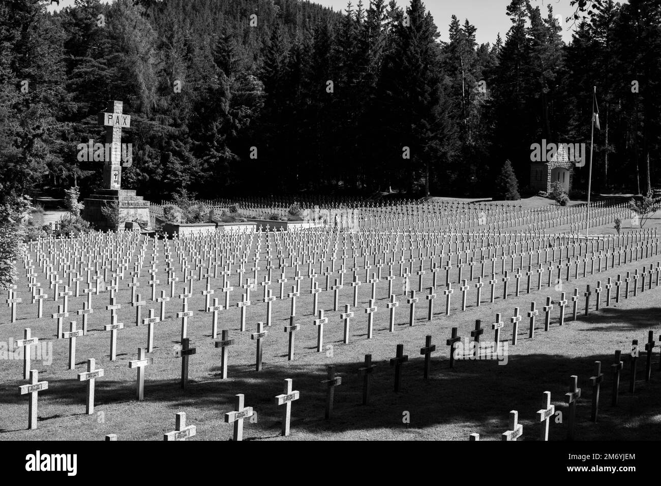 WW2 Friedhof. Reihen weißer Kreuze auf dem Friedhof des Zweiten Weltkriegs in Frankreich. Französisches Kriegsdenkmal. Großer Friedhof in voller Sonne Stockfoto