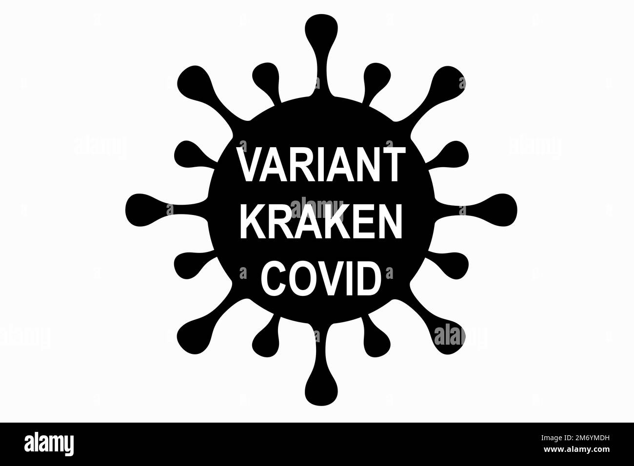 XBB.1,5. Variante Kraken. Neue Variante des SARS-CoV-2-Coronavirus. Subvariante von Omicron. Horizontale Konstruktion. Virus-Design und schwarzer Text. Coronavirus Stockfoto