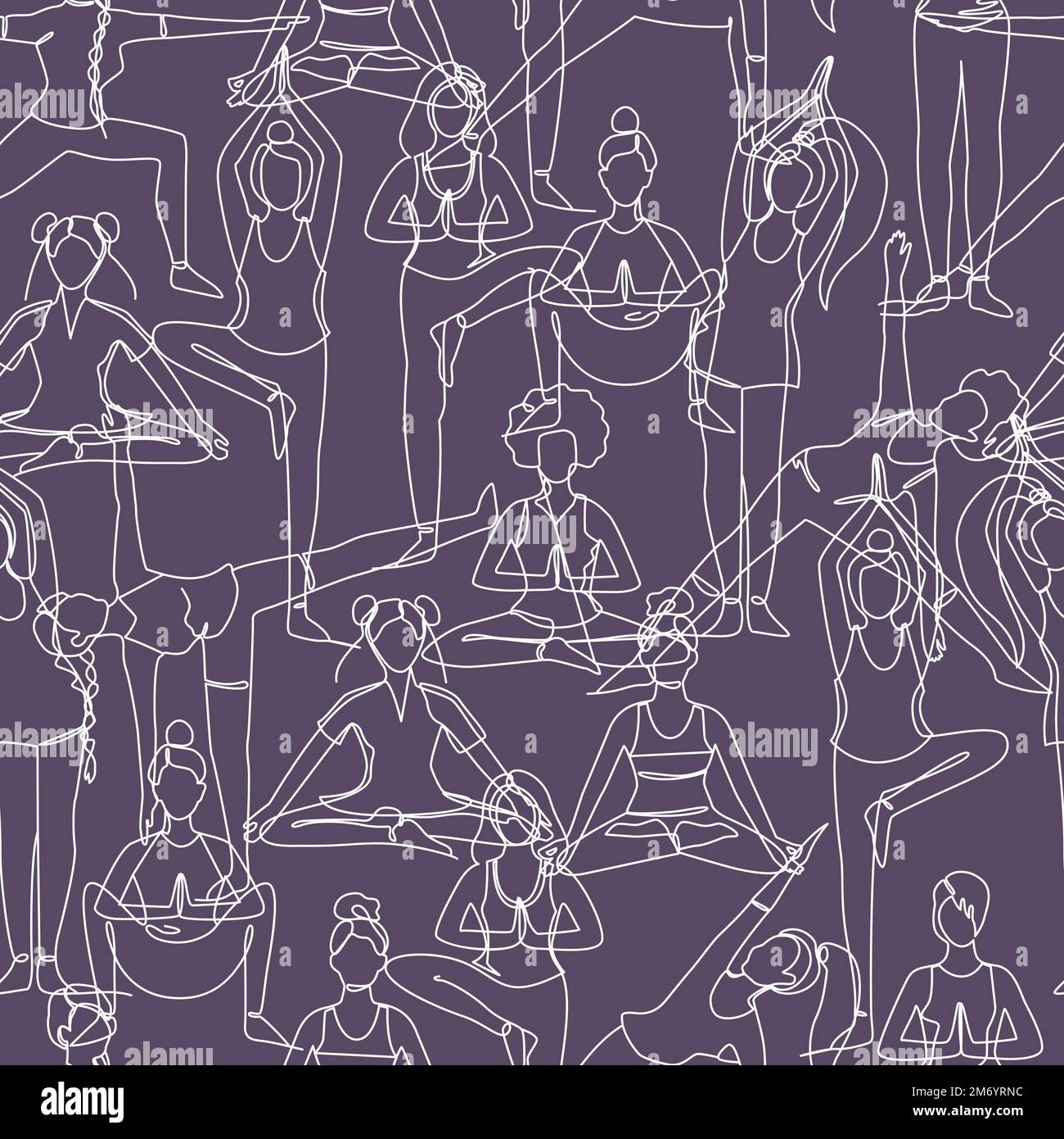Nahtloses Muster mit einzeiligen Zeichnungen eines Mädchens, das in einer Yoga-Pose sitzt und steht. Stock Vektor