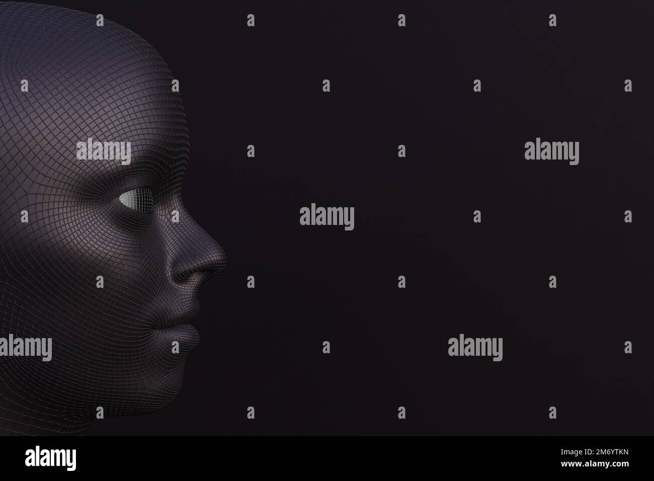 3D-Rendering eines schwarzen menschlichen Gesichts auf schwarzem Hintergrund Stockfoto