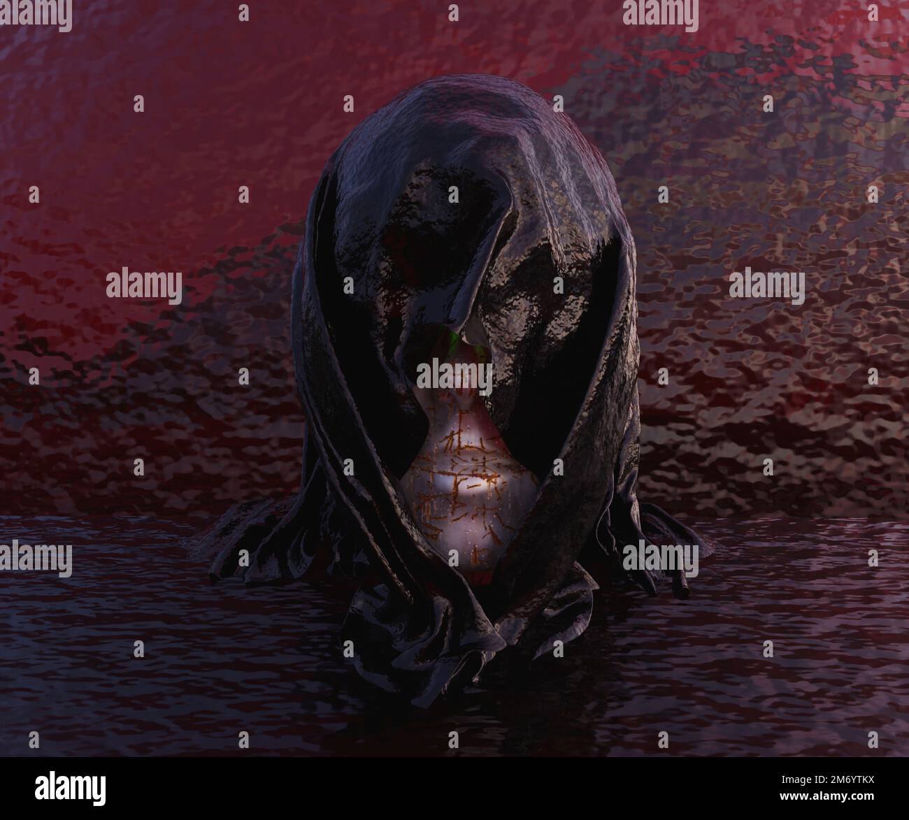 Abstrakte 3D-Darstellung eines bedeckten weissen metallischen menschlichen Kopfes in rotem Wasser Stockfoto