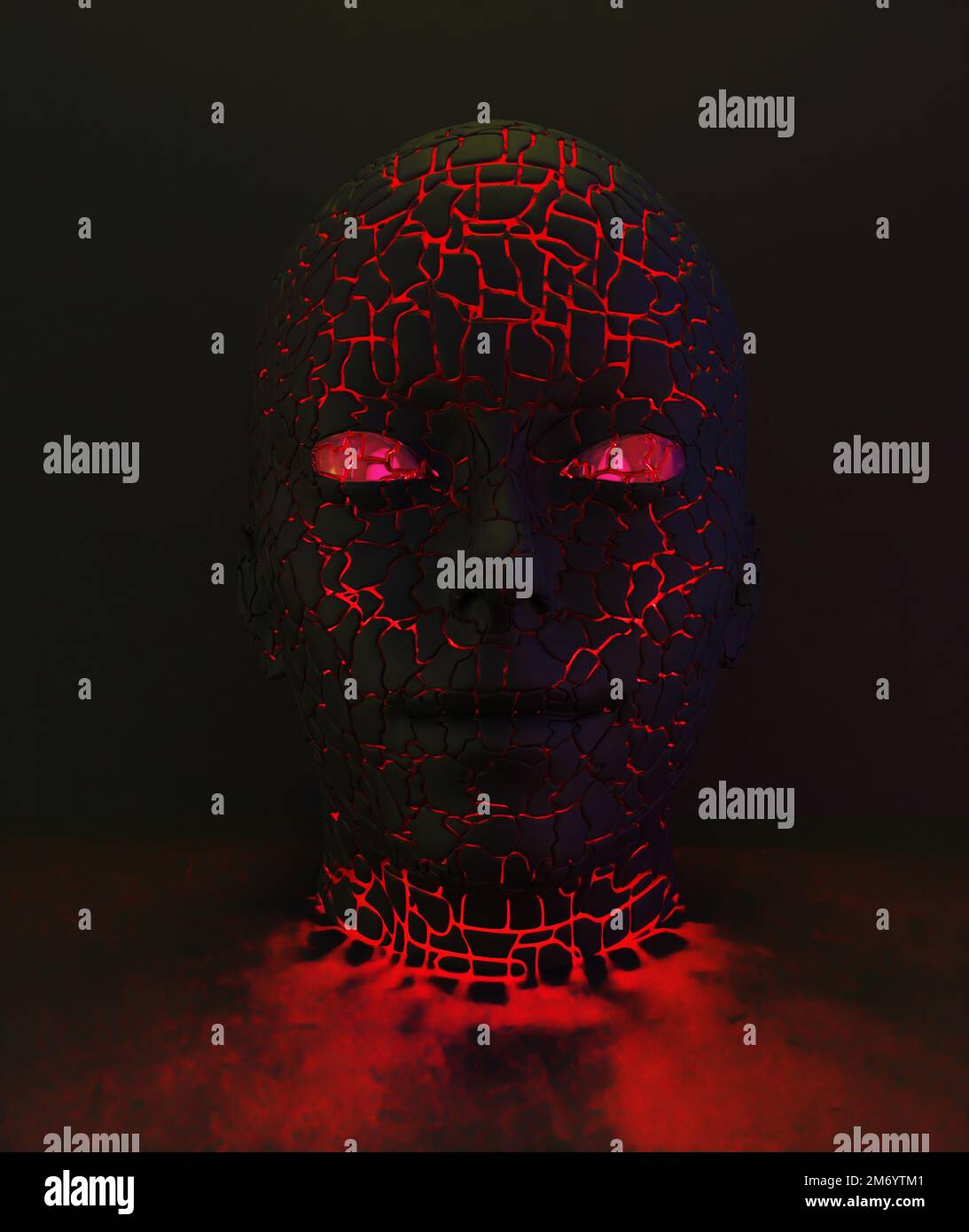 Abstrakte 3D-Darstellung eines gesprungenen menschlichen Kopfes vor schwarzem Hintergrund Stockfoto