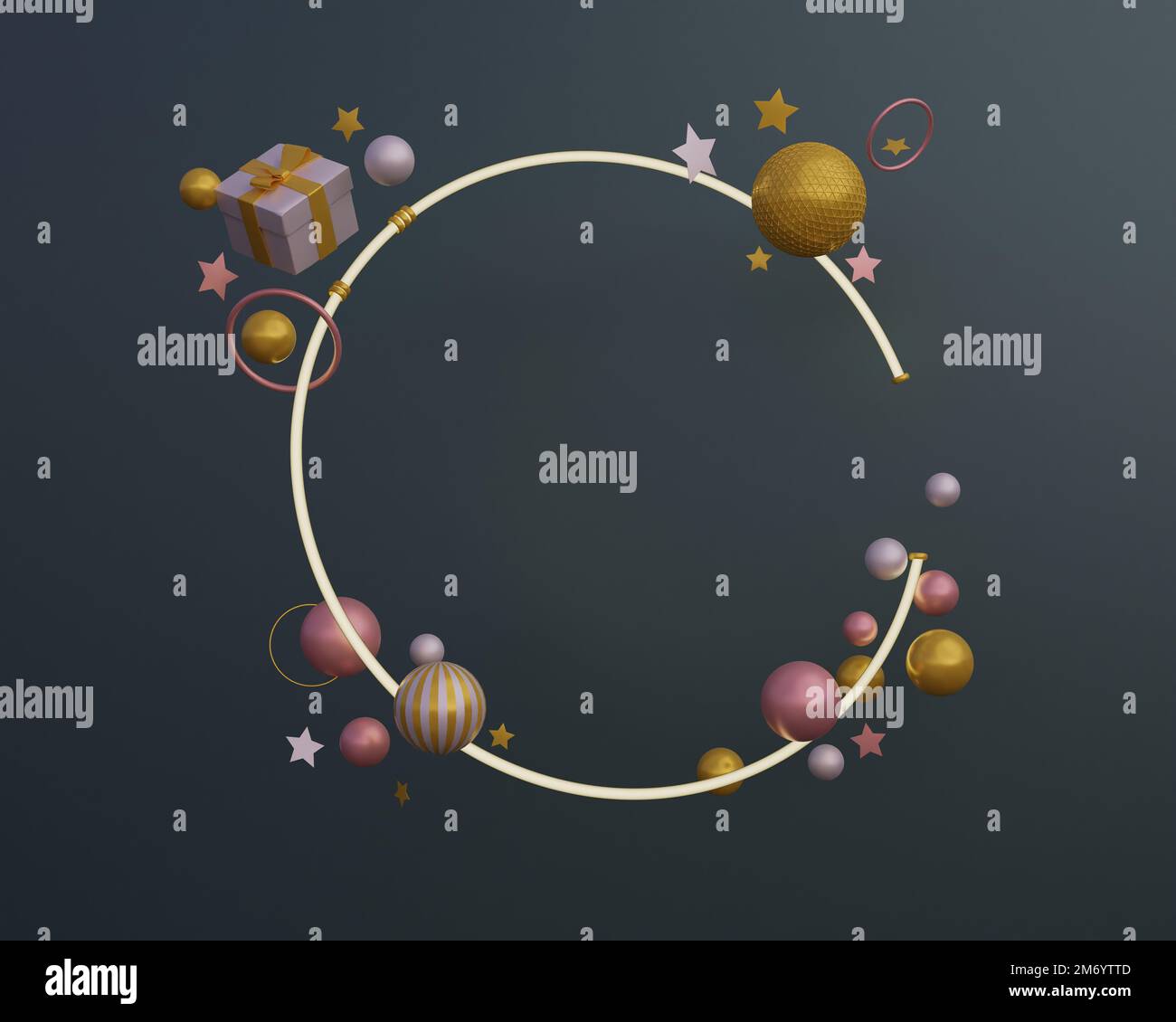 3D-Darstellung fliegender geometrischer Formen, Geschenk und Sterne um einen glühenden Ring Stockfoto