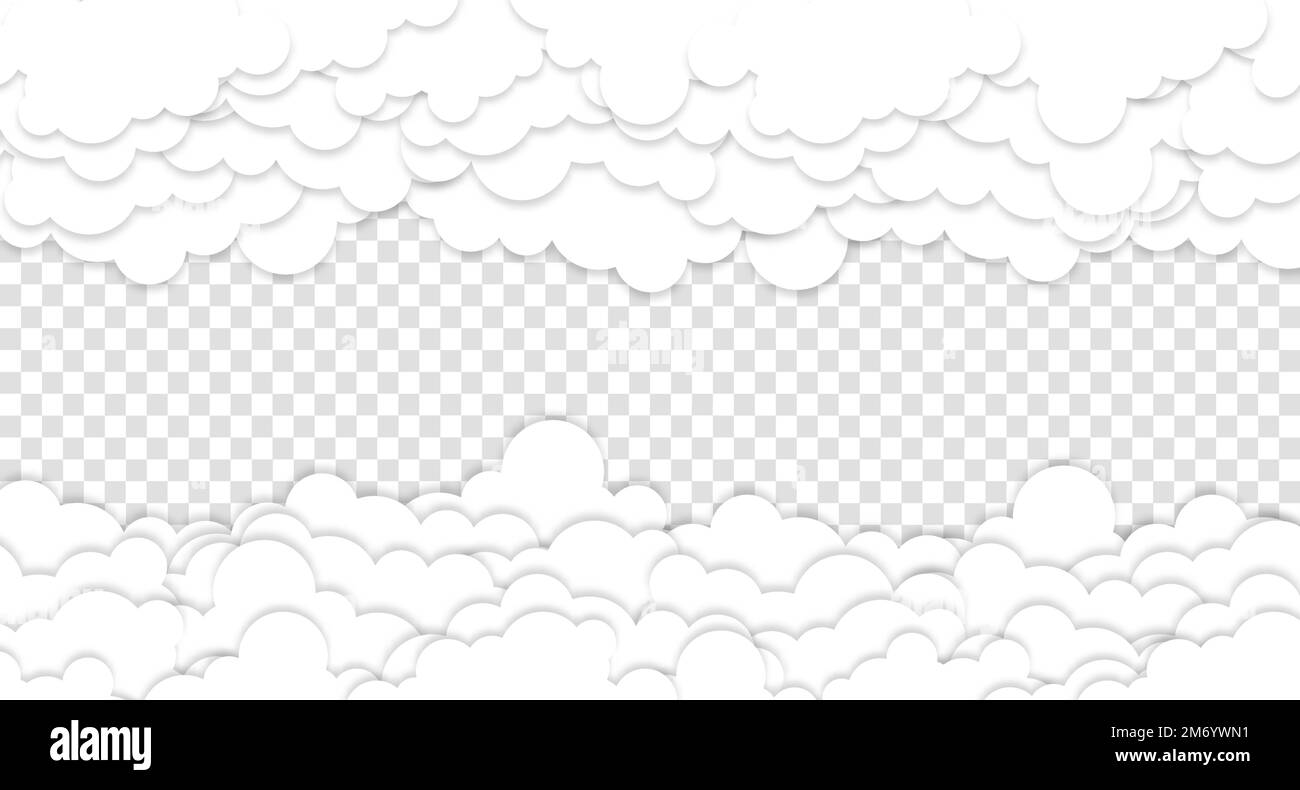 Wolken auf blauem Himmelsbanner. Weiße Wolke auf blauem Himmel im Papierschnitt. Wolken auf transparentem Hintergrund. Vektorpapierwolken. Weiße Wolke auf blauem Himmel p Stock Vektor