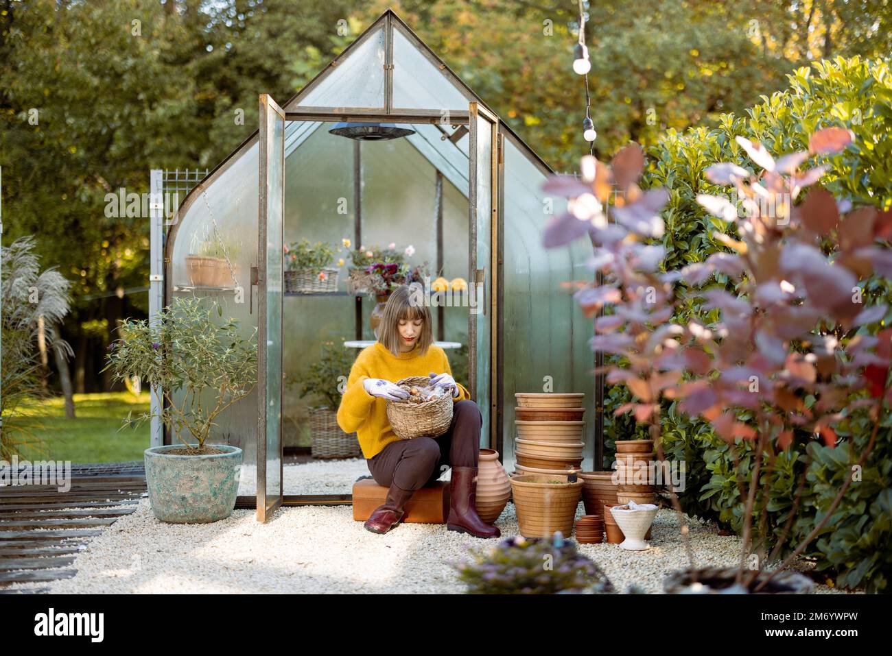 Frau mit Tulpenbirnen im Garten Stockfoto