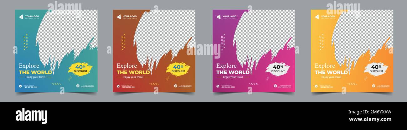 Entwurf der Post-Vorlage für soziale Medien in Reisebüros. Satz Webbanner, Flyer oder Poster für Reisebüros. Werbebanner für digitale Werbung. Stock Vektor