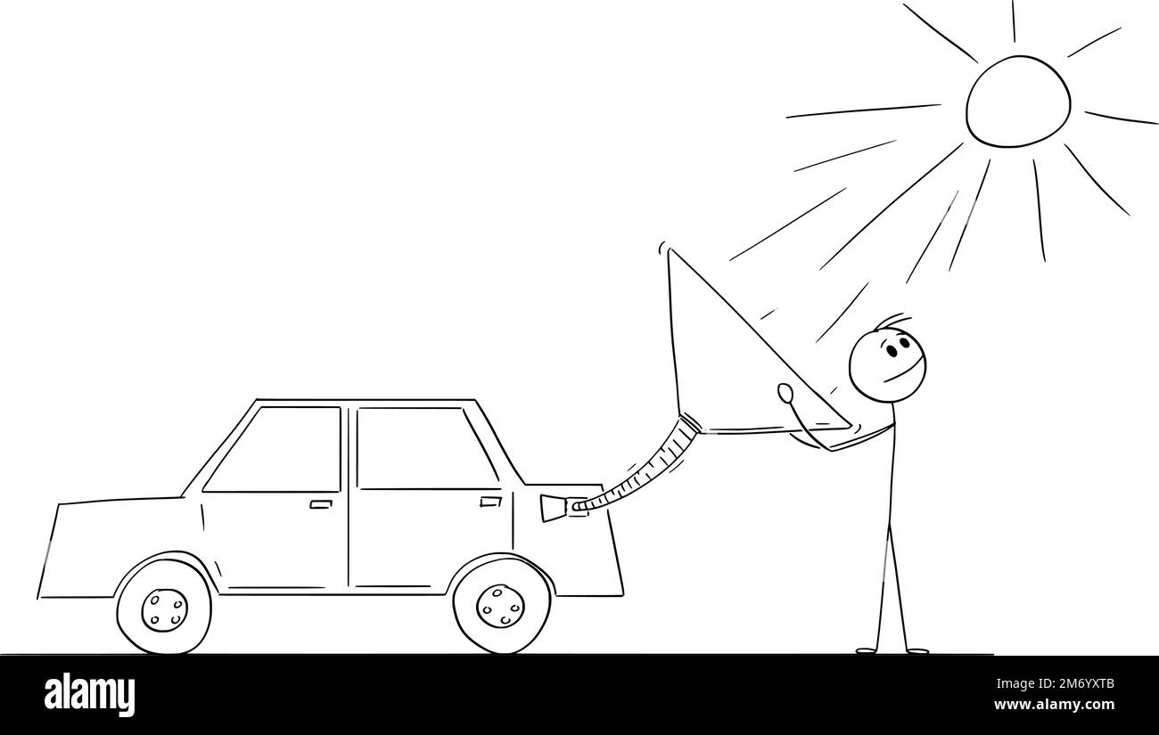 Person, die Sonnenenergie zum Antrieb eines Elektroautos fängt, Abbildung einer Vektor-Cartoon-Stange Stock Vektor