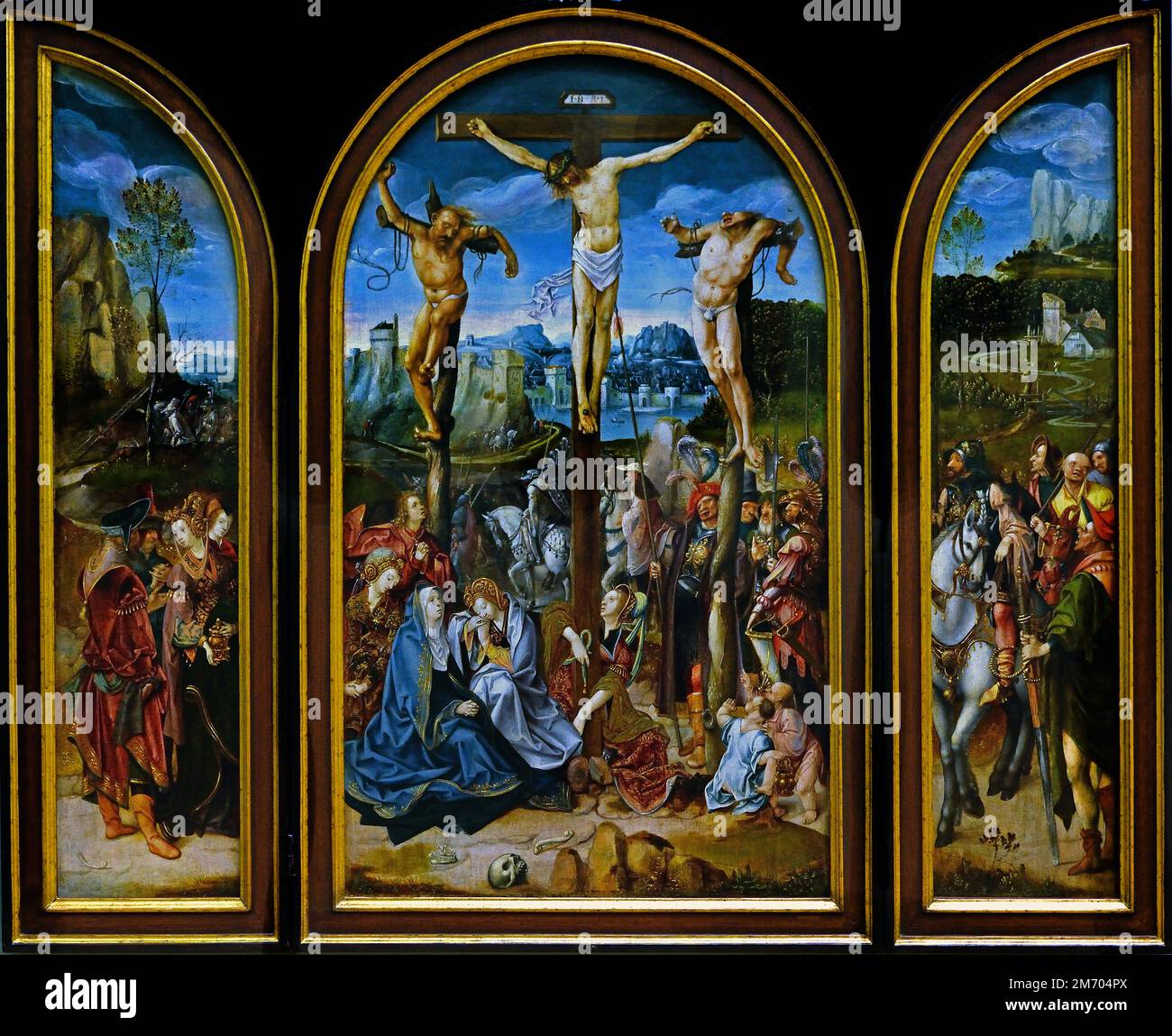 The Crucifixion 1520-1527 , Cornelis Engebrechtsz 1462 - 1527 und Werkstatt Triptych Dutch Niederlande Stockfoto