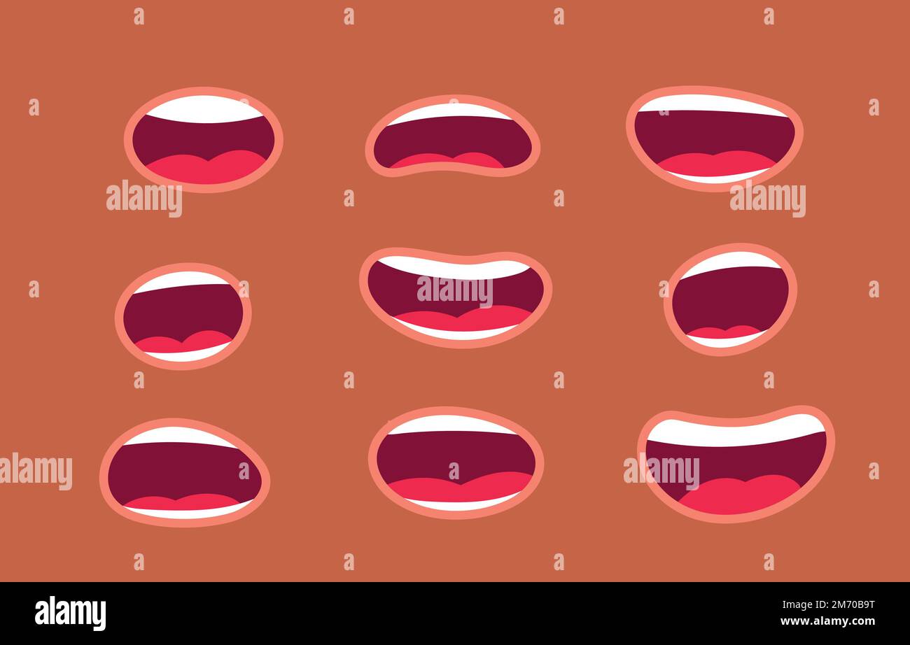 Große Animationen lustige Zeichentrickfilme mit verschiedenen Ausdrücken und Emotionen: Lächeln, wütend, lachen, überrascht. Abbildung eines flachen Vektors Stock Vektor