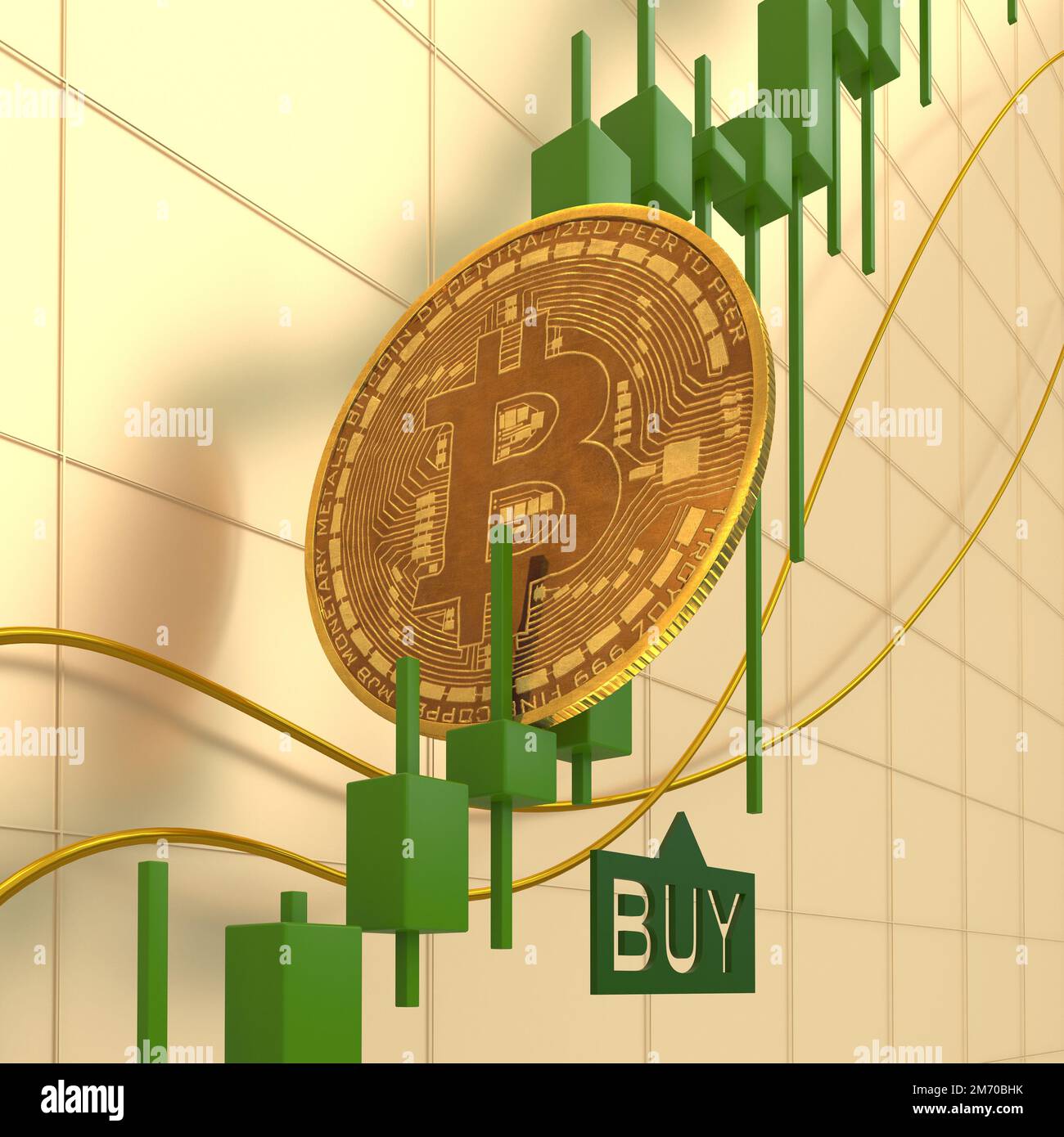 Die Bitcoin-Münze liegt auf den grünen Kerzen des Aufwärtstrends. Grüne Karte von Bitcoins auf dem Bullenmarkt. Pumpe auf dem Kryptowährungsmarkt. 3D-Rendern. Stockfoto