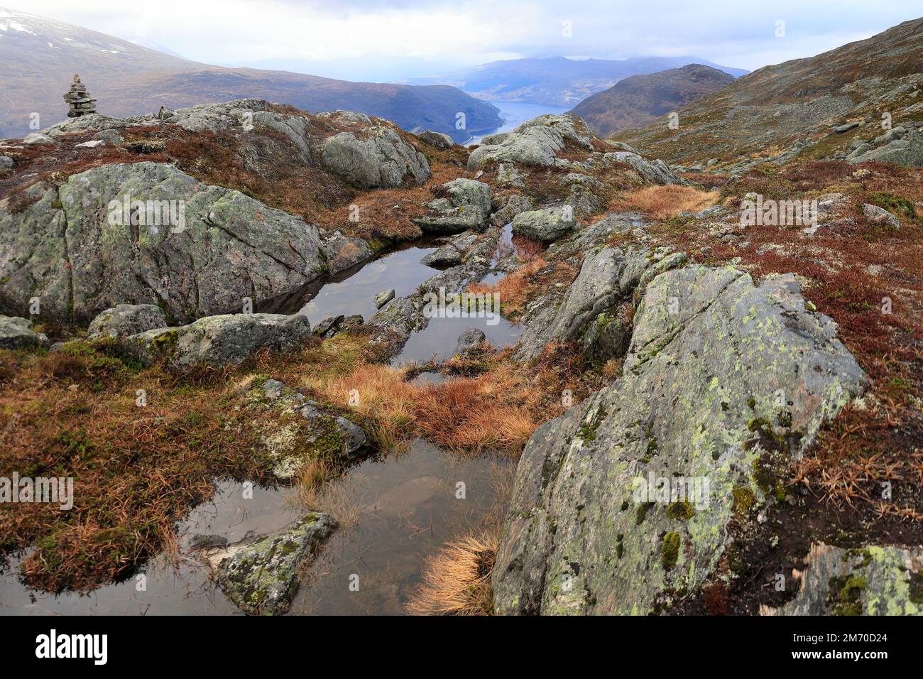 Steine und Pfützen auf Skredfjeled bei Loen in Norwegen Stockfoto