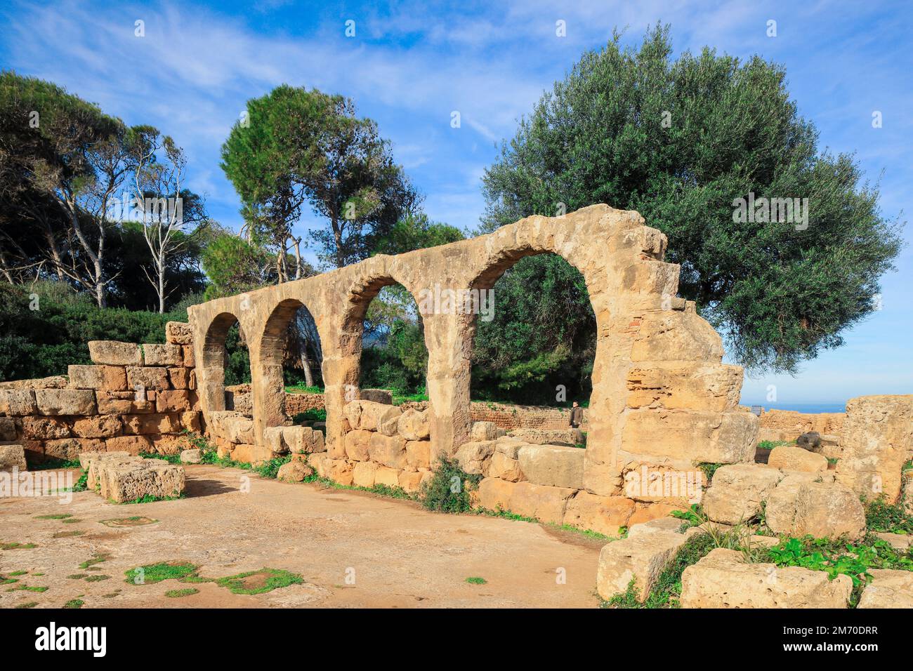 Antike Ruinen des römischen Tipasa mit schönem Blick auf die Mittelmeerküste in der Nähe von Tipaza, Algerien Stockfoto