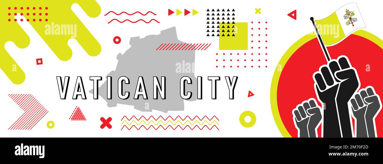 Vatikanstadt-Unabhängigkeit und Banner für den Nationaltag mit Flaggenfarben, geometrischer Kunst, erhabenen Fäusten, Hintergrund im Design mit Karte. Stock Vektor