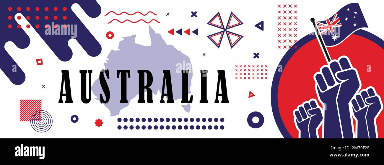 Banner für den Nationaltag Australiens für den Unabhängigkeitstag mit abstraktem, modernem Design. Australische Kunst, Landkarte, erhabene Fäuste und geometrische Kunst in Flaggenfarben. Stock Vektor