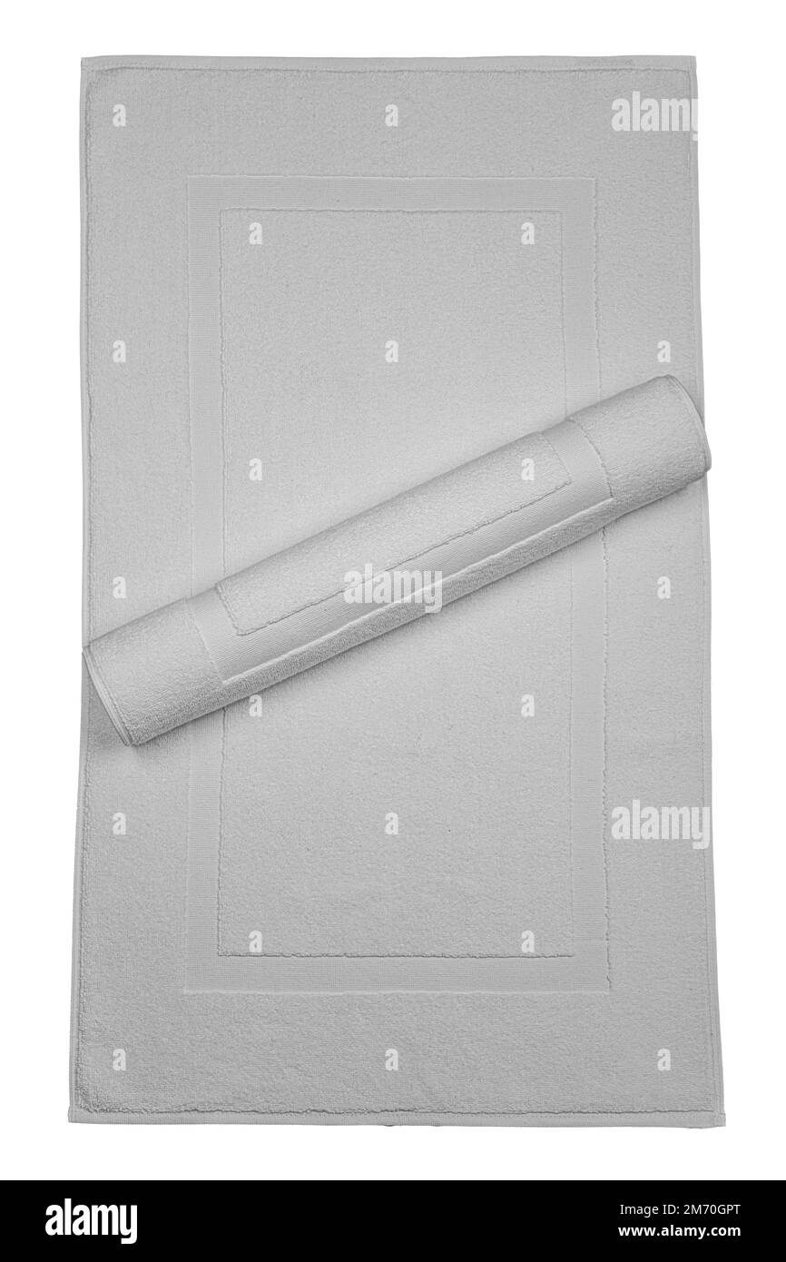 Weißes Bad Fußtuch 100 % Baumwolle Frottee Handtücher isoliert mit weißem Hintergrund. Badeaccessoires. Draufsicht. Stockfoto