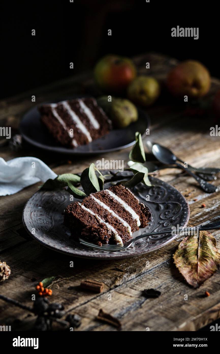Birnen- und Schokoladenkuchen Stockfoto