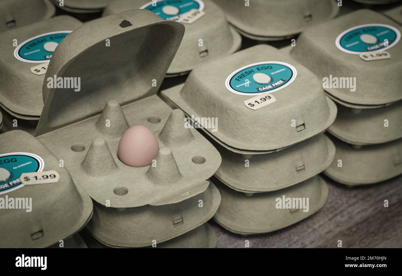 3D-Darstellung von Kartons mit nur einem Ei. Marketingkonzept der Schrumpfung Stockfoto