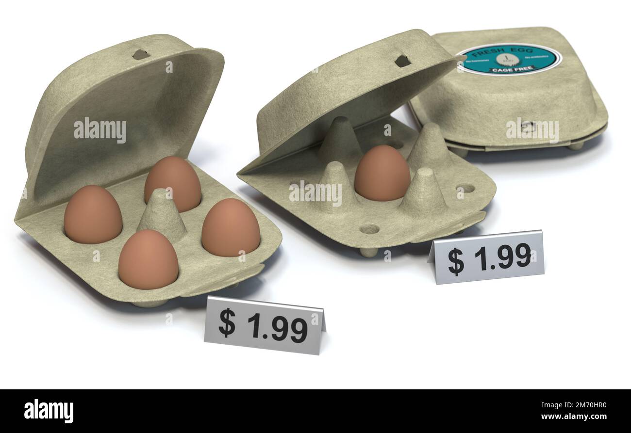 3D Abbildung von Kartons mit einem und vier Eiern zum gleichen Preis. Marketingkonzept der Schrumpfung Stockfoto