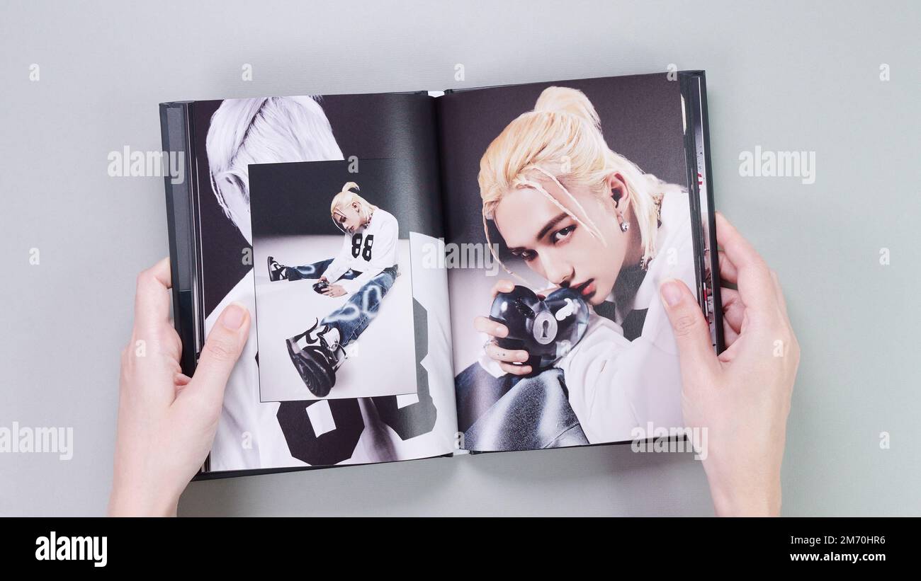 Fan Hold Stray Kids MAXIDENT Mini Album Fotobuch auf Grau. Musik-CD. Südkoreanische Boyband StrayKids. Platz für Text. Gatineau, QC Kanada – Dezembe Stockfoto
