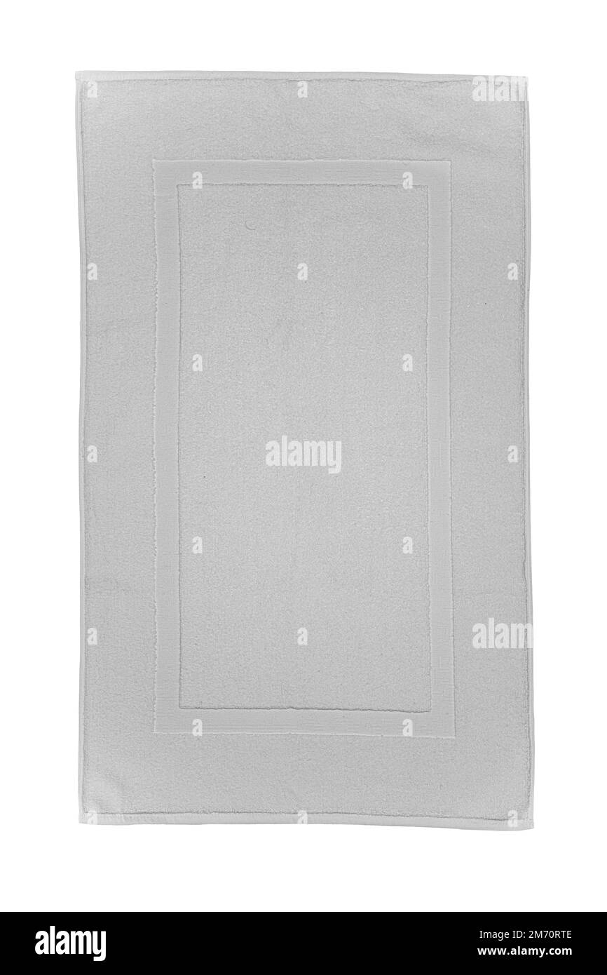 Weißes Bad Fußtuch 100 % Baumwolle Frottee Handtücher isoliert mit weißem Hintergrund. Badeaccessoires. Draufsicht. Stockfoto