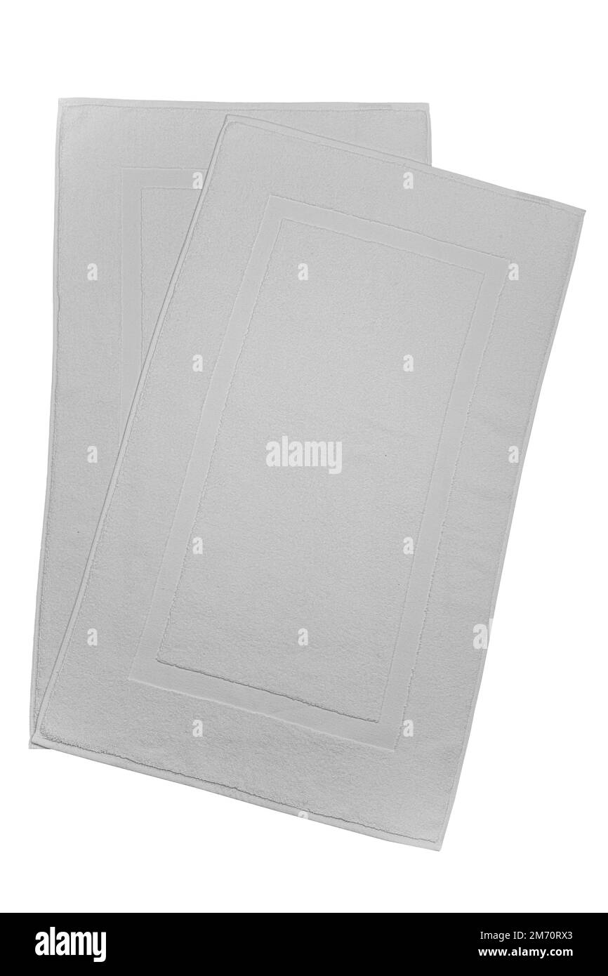 Weißes Bad Fußtuch 100 % Baumwolle Frottee Handtücher isoliert mit weißem Hintergrund. Badeaccessoires. Draufsicht. Stockfoto