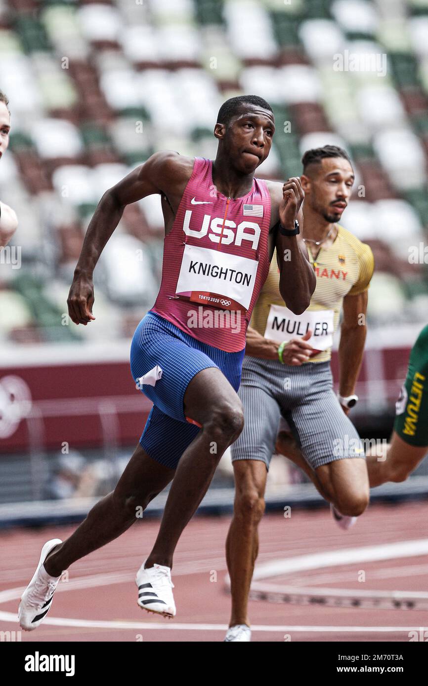 Erriyon Knighton (USA) tritt bei den Olympischen Sommerspielen 2020 (2021) in Tokio, Japan, in den 200 Metern der Männer an Stockfoto
