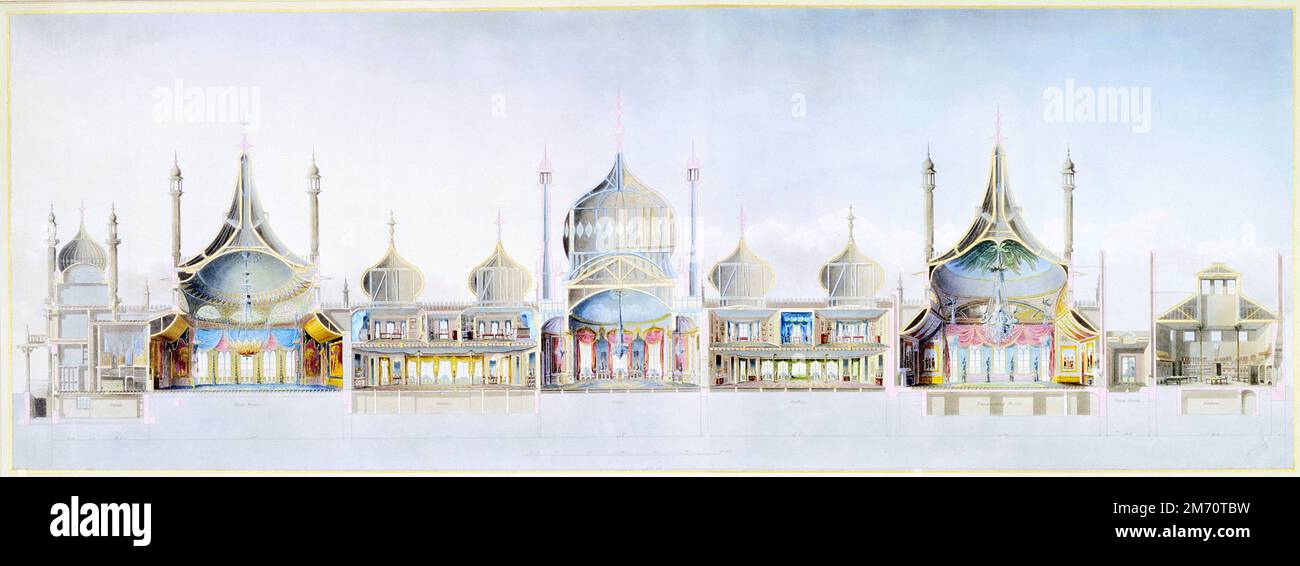 Schnitt durch die Staatsgemächer im Royal Pavilion, Brighton, entworfen vom Architekten John Nash (1752-1835), 1823 Stockfoto