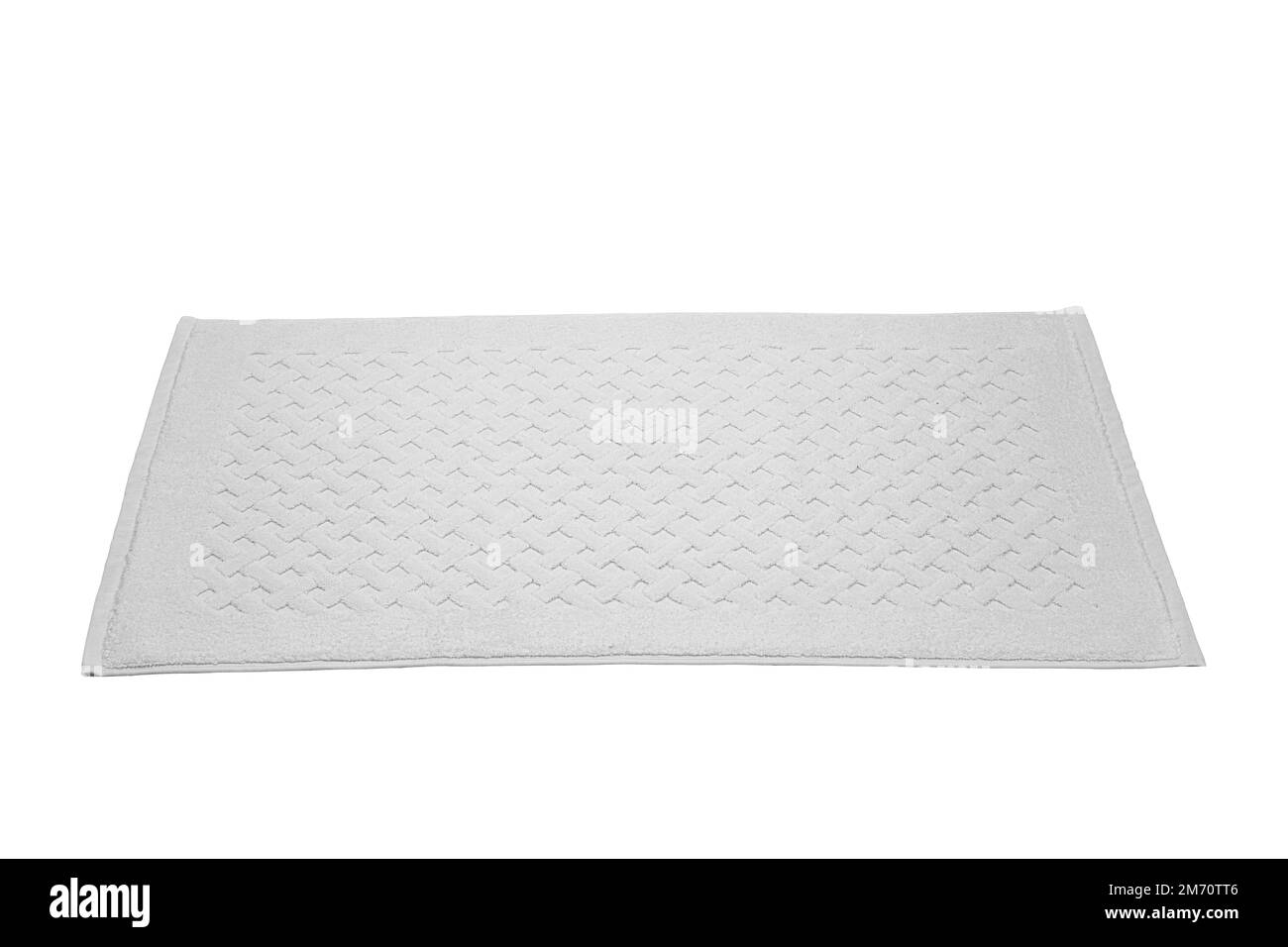 Weißes Bad Fußtuch 100 % Baumwolle Frottee Handtücher isoliert mit weißem Hintergrund. Badeaccessoires. Draufsicht. Stockfoto