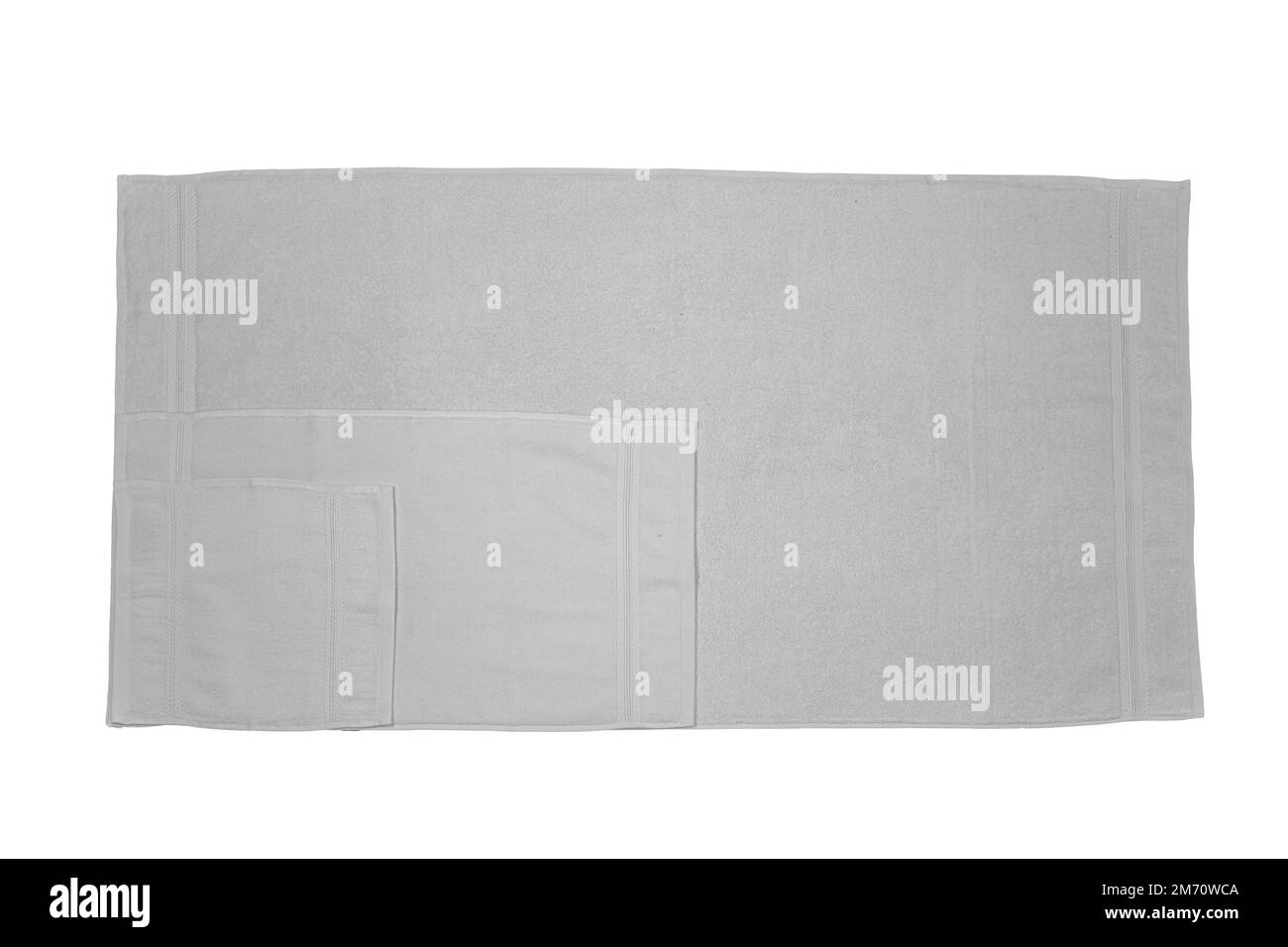 Weißes Bad Fußtuch 100 % Baumwolle Frottee Handtücher isoliert mit weißem Hintergrund. Badeaccessoires. Draufsicht. Stockfoto