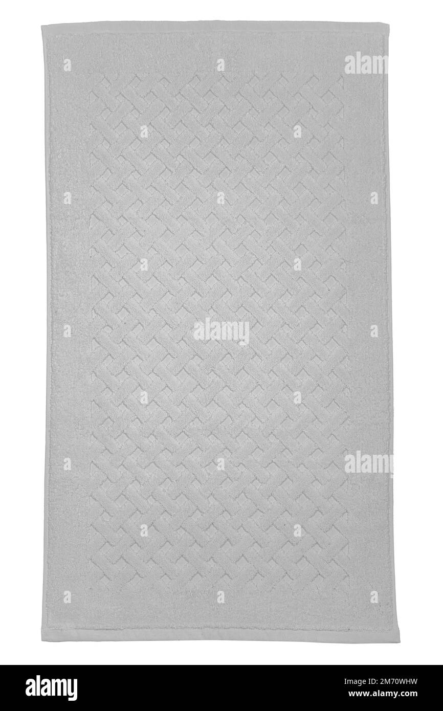 Weißes Bad Fußtuch 100 % Baumwolle Frottee Handtücher isoliert mit weißem Hintergrund. Badeaccessoires. Draufsicht. Stockfoto