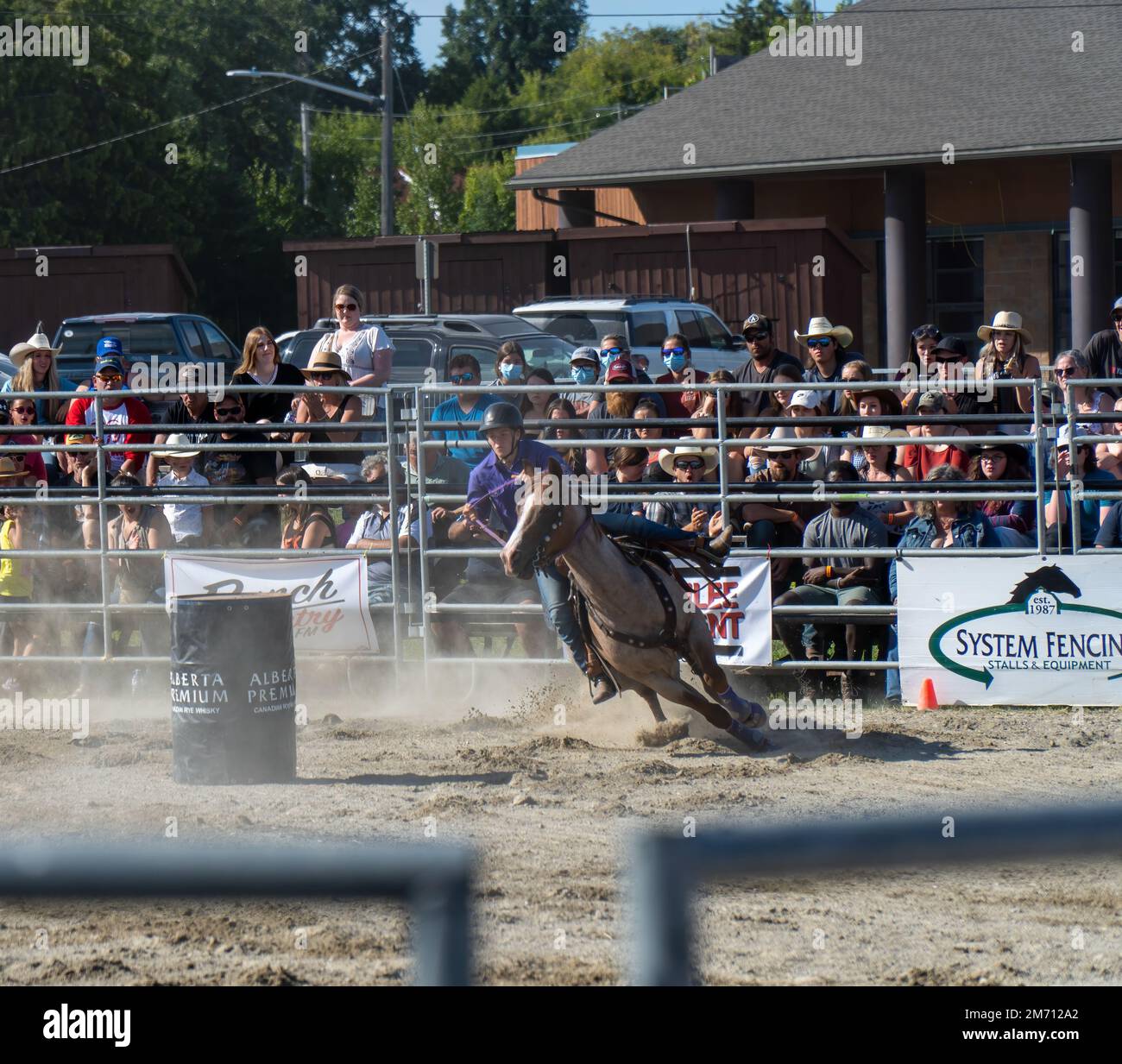 New Liskeard, Ontario, Kanada - 13. August 2022 : Barrel-Rennen beim RAM Rodeo in New Liskeard, Ontario. Stockfoto