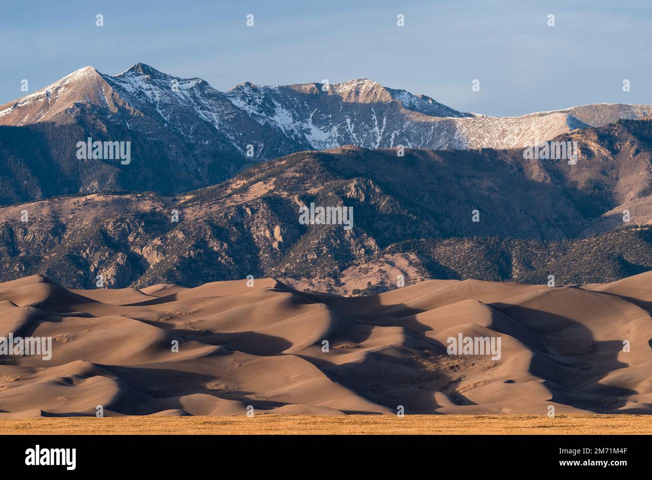 Der entfernte 13.369 m hohe Cleveland Peak ist Teil des Great Sand Dunes National Preserve. Stockfoto