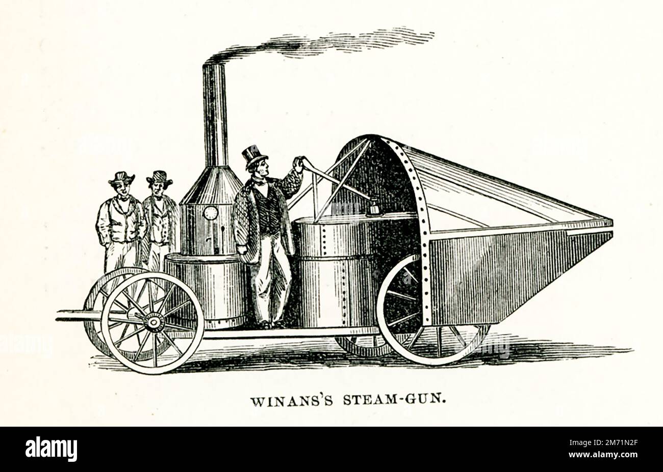 Die Winans Steam Gun war eine dampfbetriebene Zentrifugalpistole, die während des Amerikanischen Bürgerkriegs verwendet wurde. Sie benutzte Fliehkräfte (statt Schießpulver), um Projektile anzustoßen. Die Waffe entstand aus der Arbeit der Erfinder William Joslin und Charles S. Dickinson aus Ohio mit einer handbetriebenen Zentrifugalpistole, die sie 1858 patentiert hatten. Stockfoto