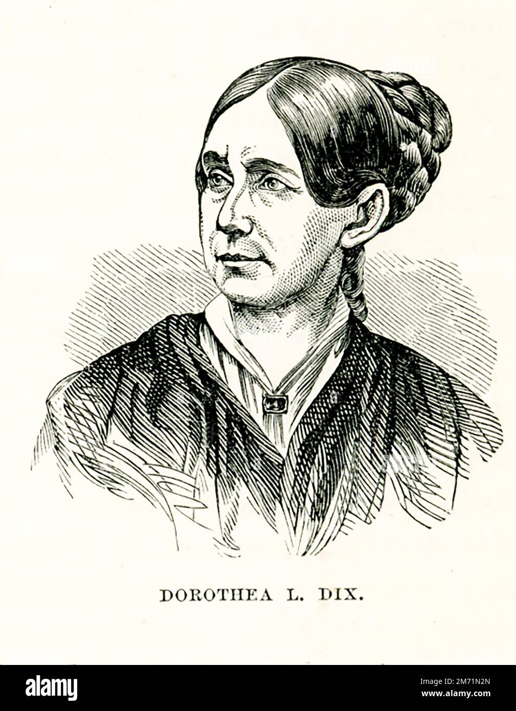 Dorothea Lynde Dix (gestorben 1887) war eine amerikanische Fürsprecherin im Namen der mittellosen Geisteskranken. Durch ein energisches und nachhaltiges Programm der Lobbyarbeit für die staatlichen Gesetzgeber und den Kongress der Vereinigten Staaten schuf sie die erste Generation amerikanischer Irrenanstalten. Während des Bürgerkriegs war sie Leiterin der Armeeschwester. Stockfoto