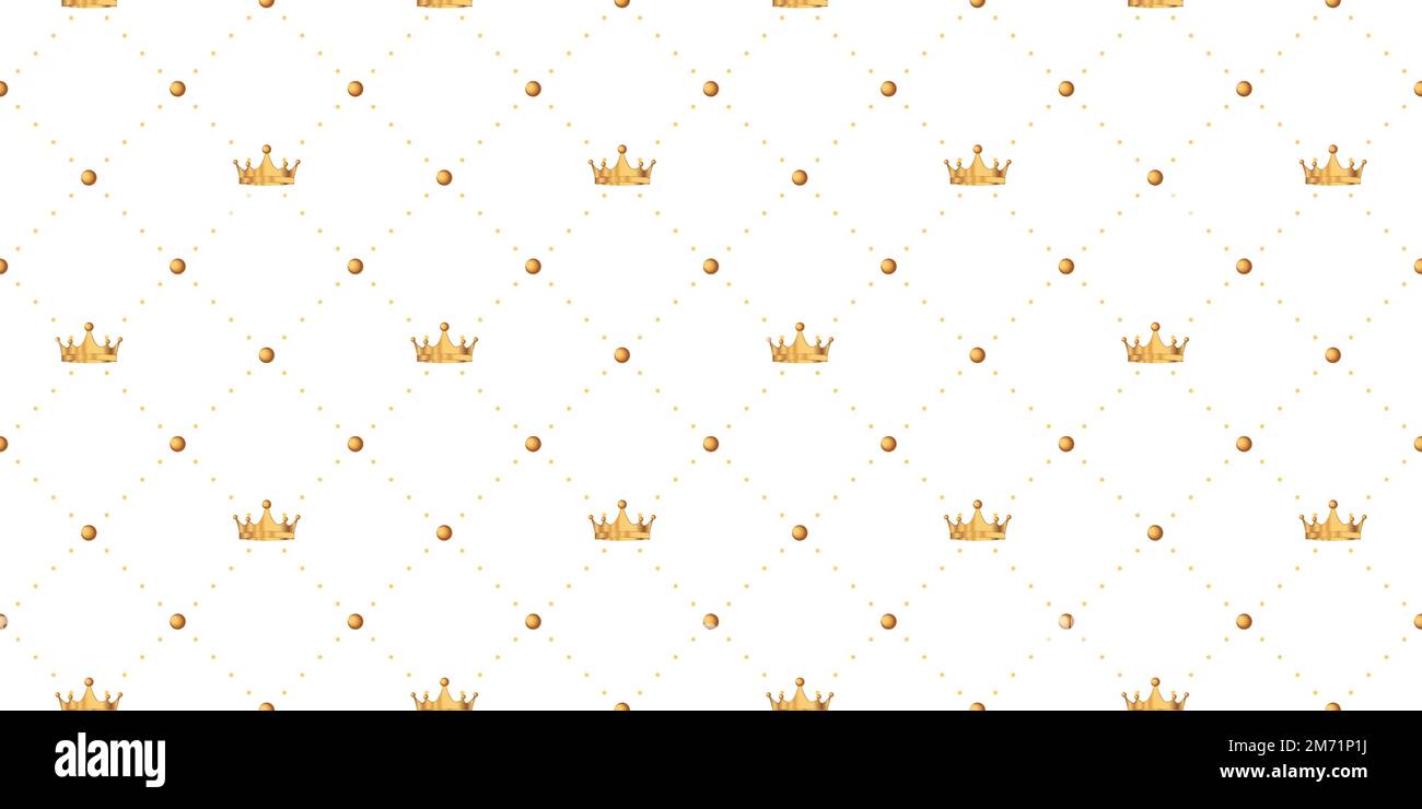 Nahtloses Muster im Retro-Stil mit einer goldenen Krone und Punkten auf weißem Hintergrund. Süße Tapete für kleine Prinzessinnen. Vektordarstellung Stock Vektor