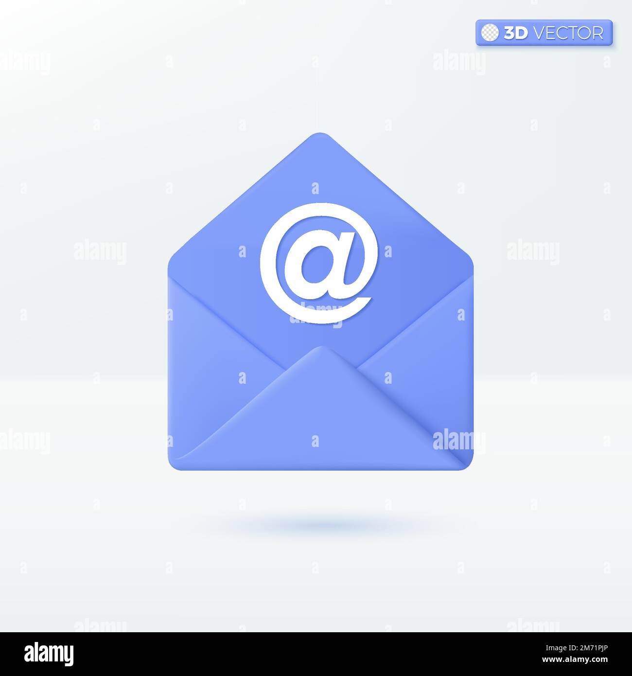 Symbole für Umschlag und At-Zeichen. Post, E-Mail-Einladung, genehmigtes Konzept. Isoliertes 3D-Vektor-Darstellungsdesign. Cartoon-Pastellfarben im minimalen Stil Stock Vektor