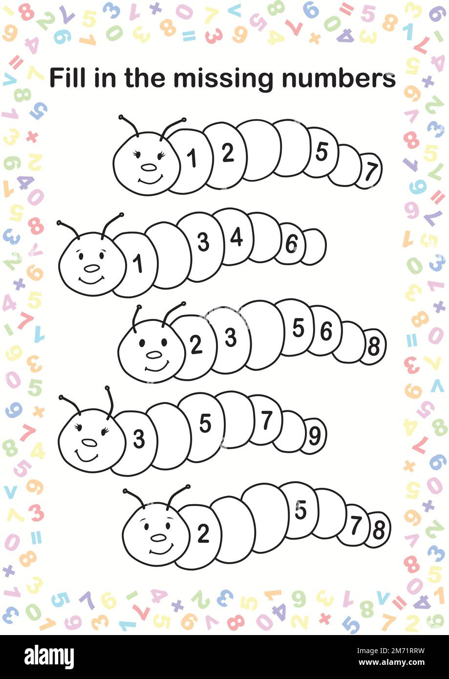 Kindergarten-Arbeitsblatt, füllen Sie die verpasste Zahlenübung aus, Vektorformat. Mathematikaufgaben im Vorschul- und Kindergarten Stock Vektor