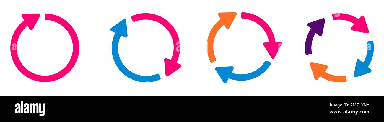Satz von Vektorsymbolen für Kreispfeile. Rundes Nachladezeichen. Pfeilsymbol drehen. Pfeilsymbol "Aktualisieren". Recycling-Symbol. Kreisförmige Vektorpfeile. Pfeile flaches Zeichen Stock Vektor