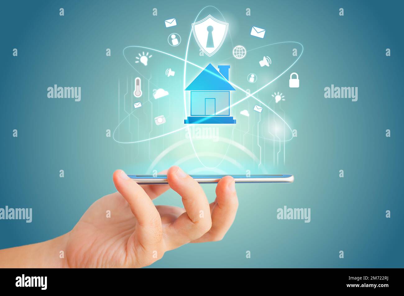 Smartphone-Fernbedienung für Smart-Home-Hologramm-Technologie-Konzept. Stockfoto