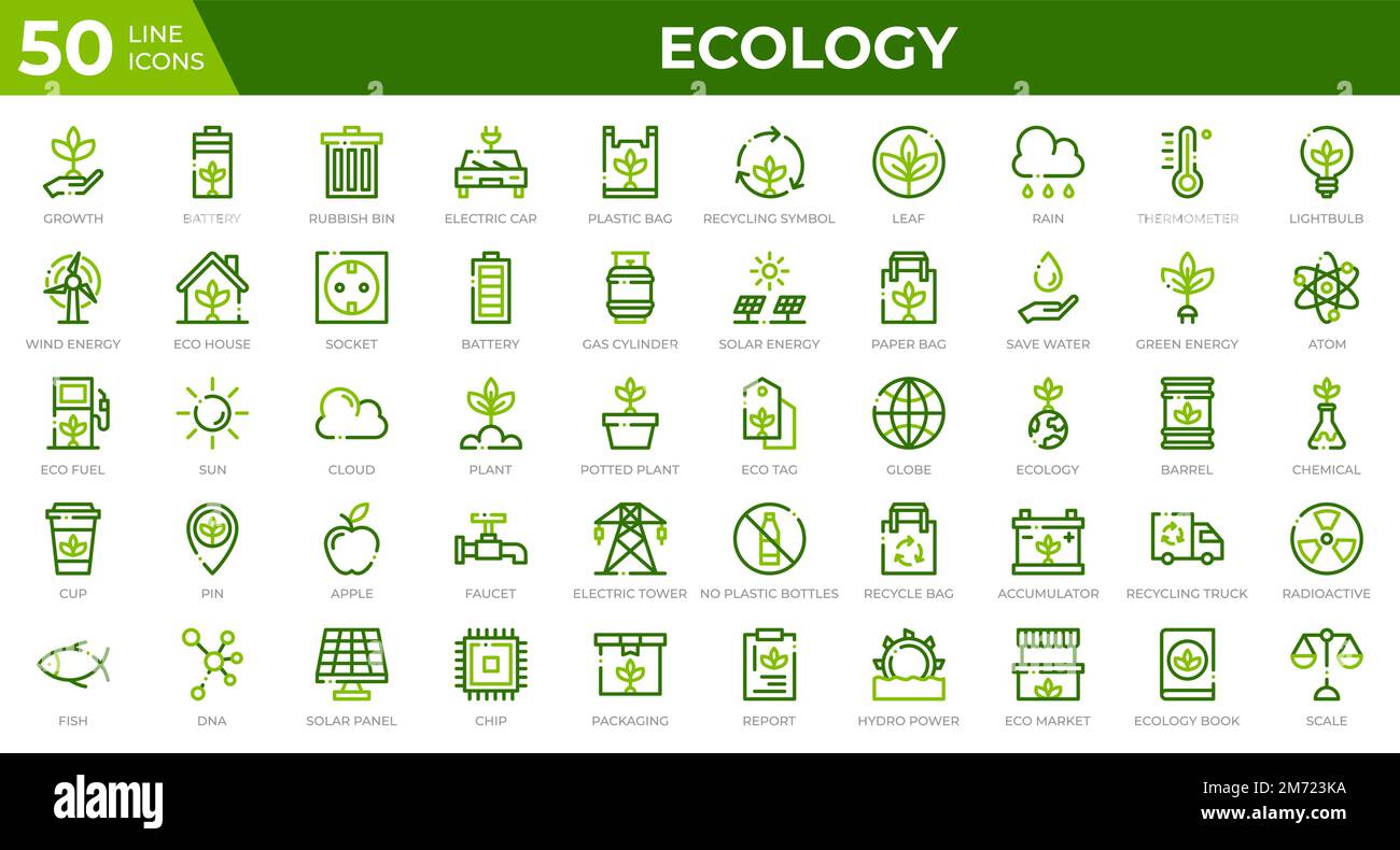 Satz von 50 Ecology Web-Symbolen in farbigem Linienstil. Recycling, Biologie, erneuerbare Energien. Sammlung mit farbigen Umrisssymbolen. Vektordarstellung Stock Vektor