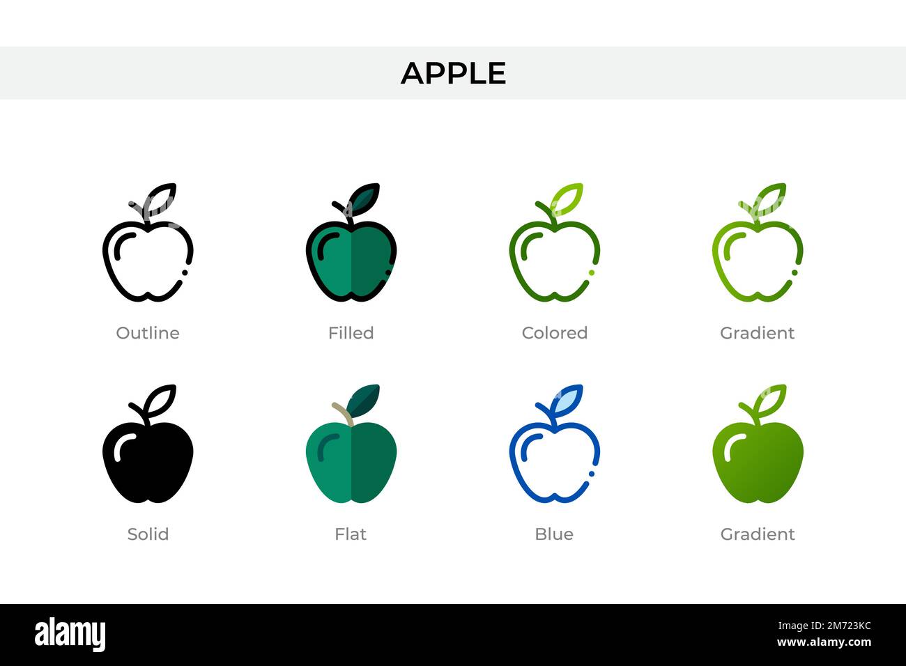 Apple Icon in einem anderen Stil. Apfel-Vektorsymbole mit Kontur, durchgehend, farbig, gefüllt, Verlauf, Und flacher Stil. Symbol, Logo-Abbildung. Ve Stock Vektor