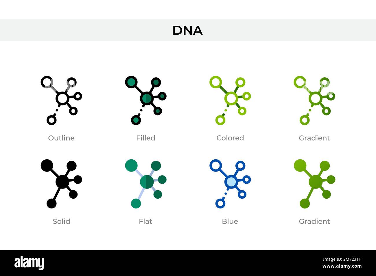 DNA-Ikone in einem anderen Stil. DNA-Vektorsymbole mit Kontur, Volltonfarben, Farben, Füllen, Farbverlauf, Und flacher Stil. Symbol, Logo-Abbildung. Vektor Stock Vektor