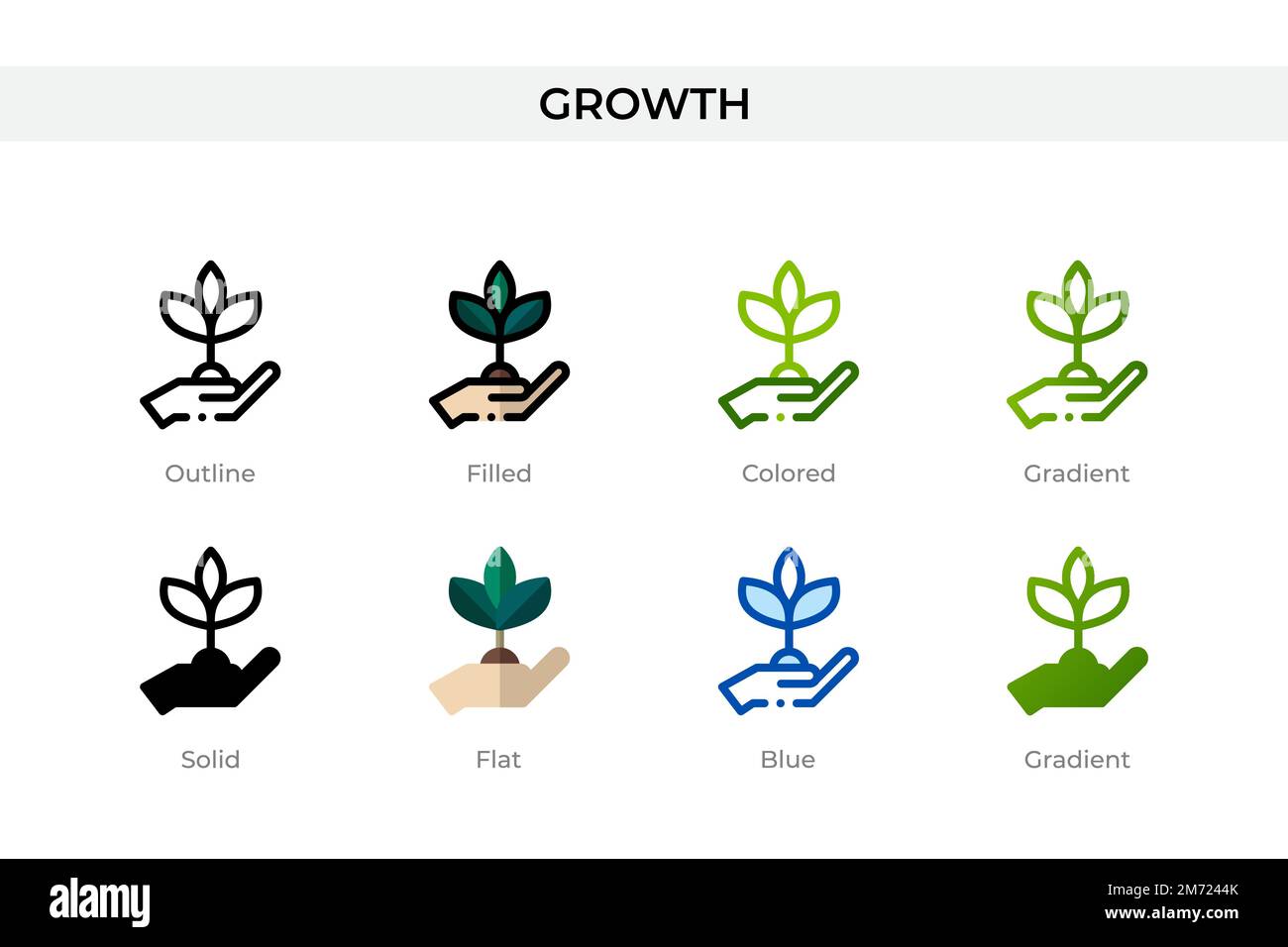 Wachstumskultur in einem anderen Stil. Wachstumsvektorsymbole in Kontur, durchgehend, farbig, gefüllt, Verlauf, Und flacher Stil. Symbol, Logo-Abbildung. Stock Vektor