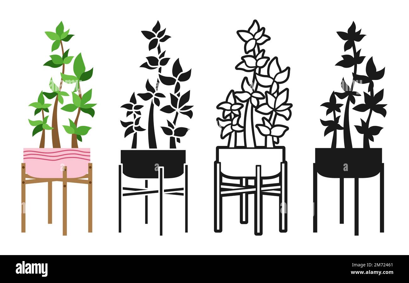 Hauspflanze im Blumentopf-Zeichentrickset. Kollektion im Blatttopf-Keramik-Doodle-, Linien- oder Silhouettenstil. Moderne Bo-Ho-Zimmerpflanze im Topf Innenraum natürlich trendy Dekor Stempel Vektor Stock Vektor